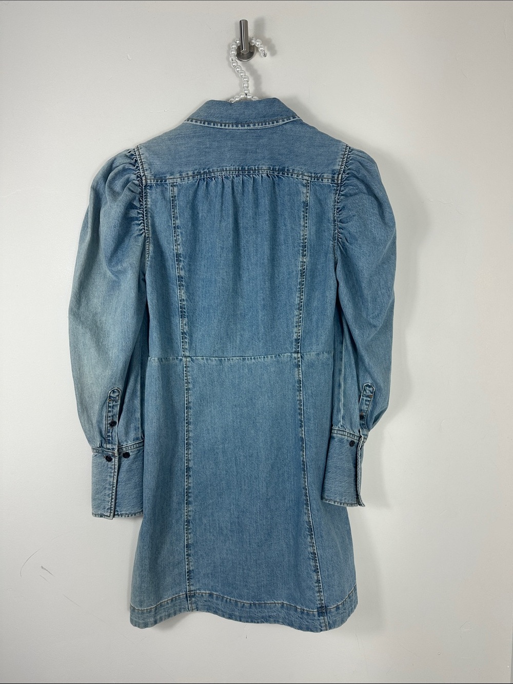 FRAME Denim Button-Front Puff Sleeve Shirt Dress - Light Blue Small - Picture 10 of 10